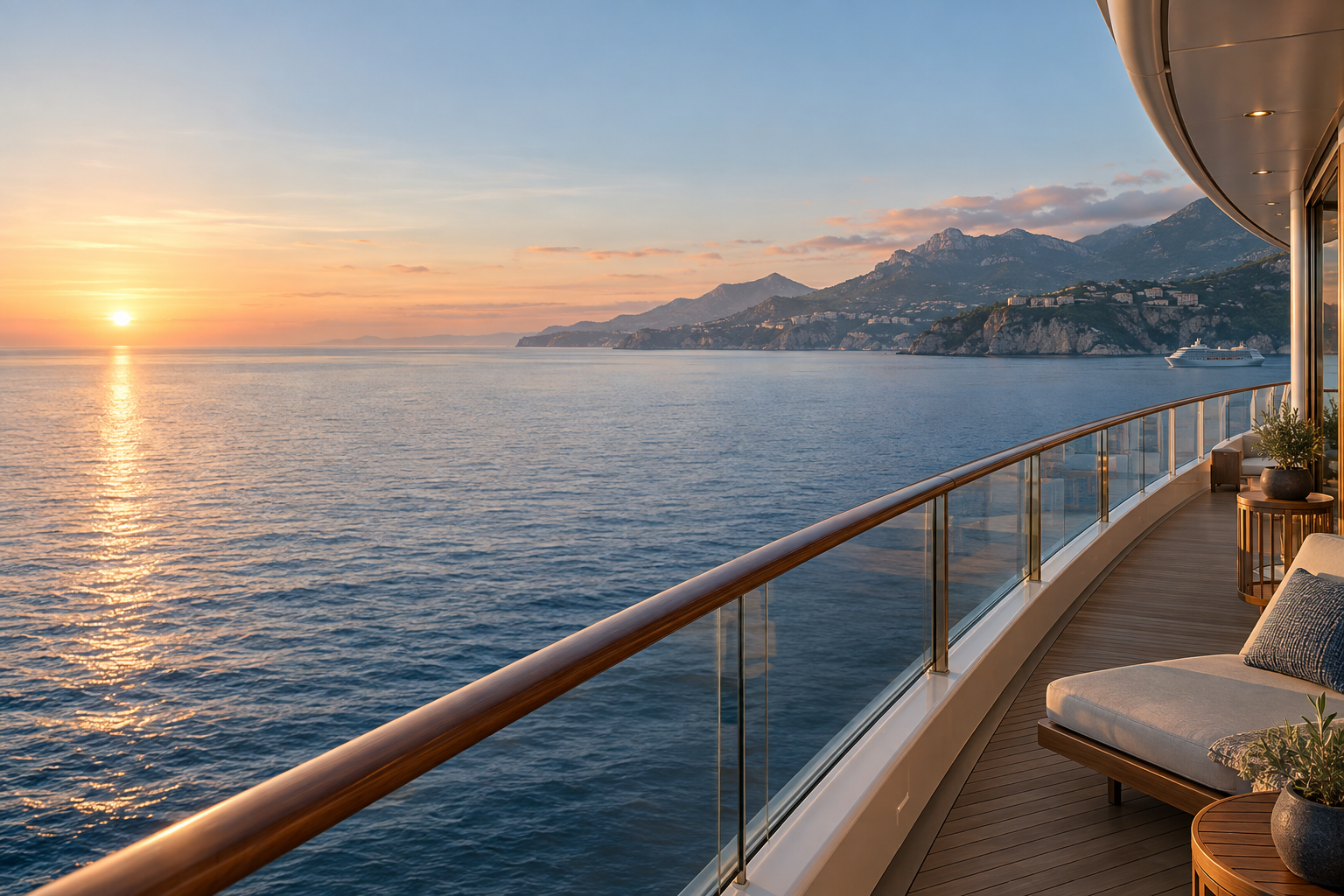 A sea view from a cruise balcony at sunset