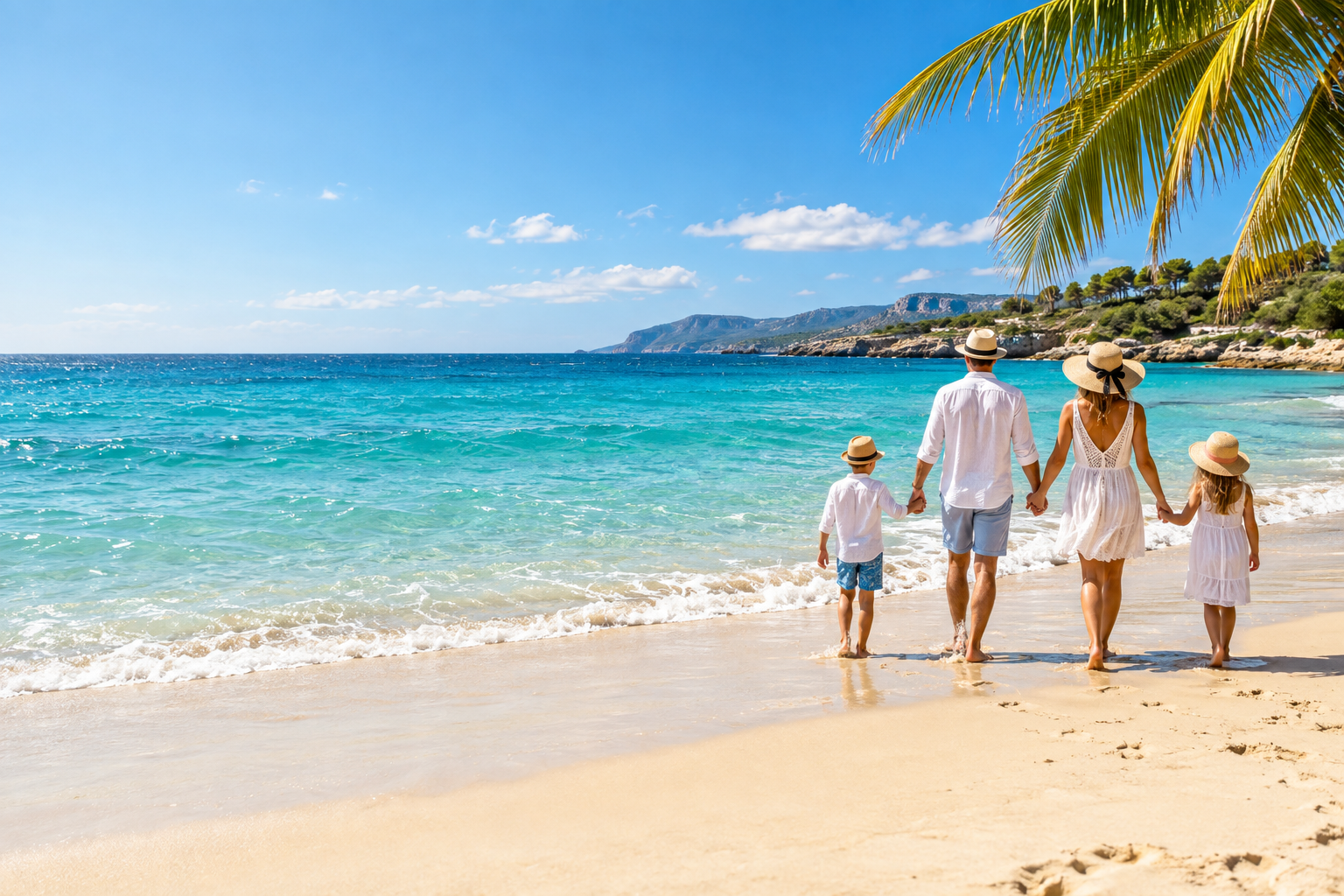 A family enjoying a sunny beach beside turquoise water